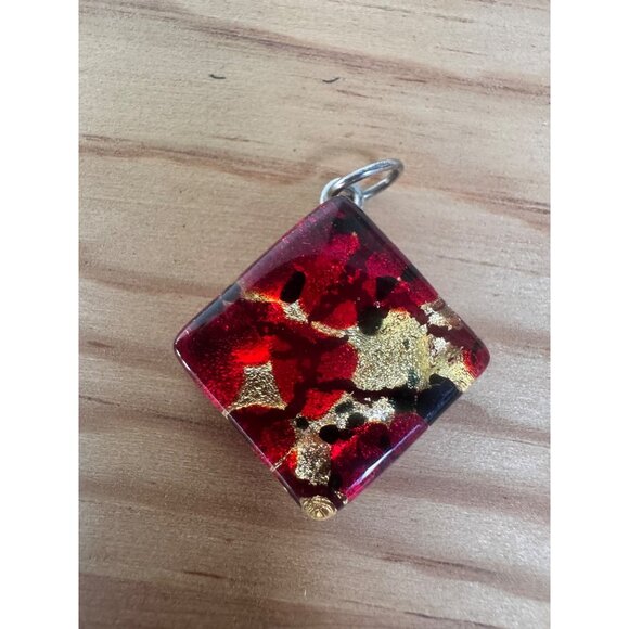 Murano Glass Square Pendant With Red & Gold Flake Design Made In Italy - Picture 5 of 11